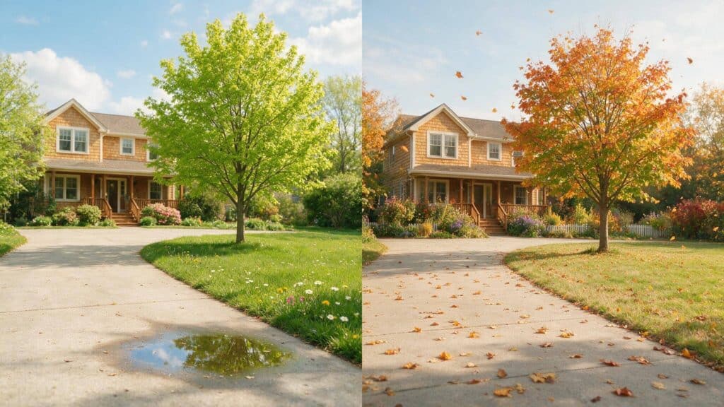 Split image comparing a driveway sealed in late spring versus one sealed in early fall.