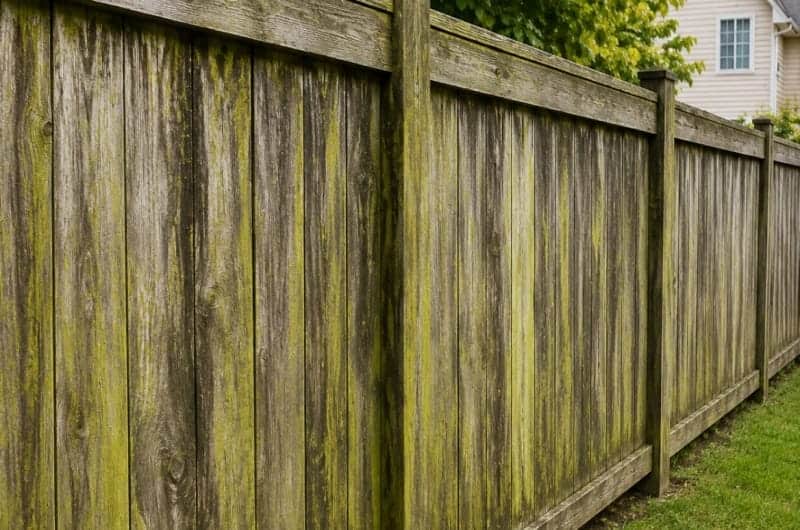 Weathered fence to bright finish before